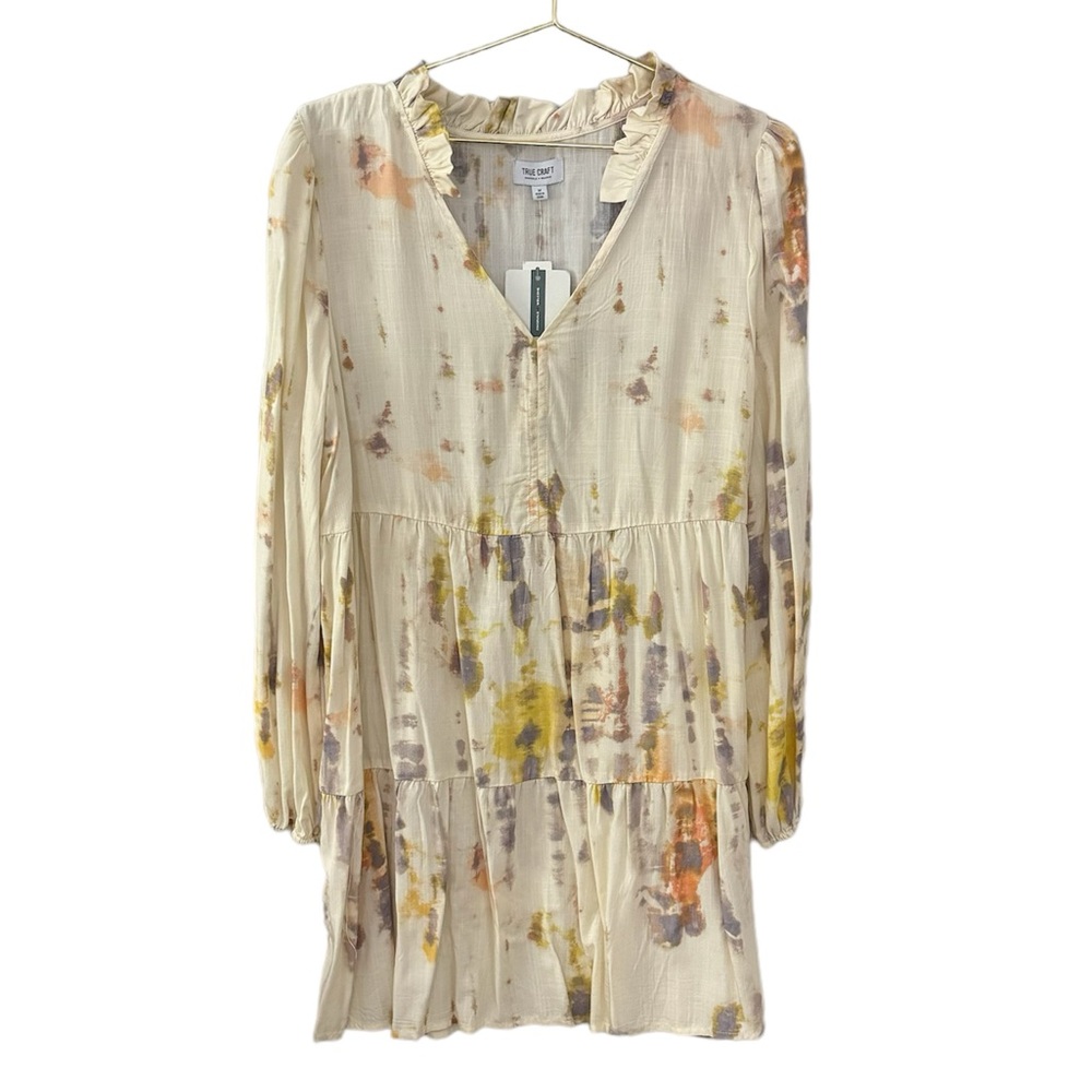 NWT True Craft Ivory Tie Dye Tiered Long Sleeve Dress with Ruffle Details